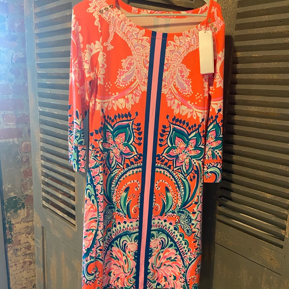NEW Lilly Pulitzer UPF 50+ SOPHIE DRESS Tangerine Dream Orange Pink Green large
